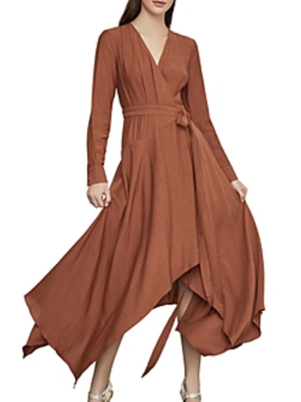 NWT BCBGMaxAzria Rust Asymmetrical Wrap Midi Dress